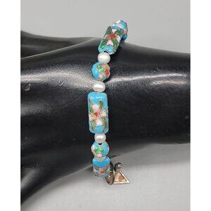 Blue Cloisonne & Faux Pearl Bead Bracelet Dangling Heart Charm 7.5 Toggle Close